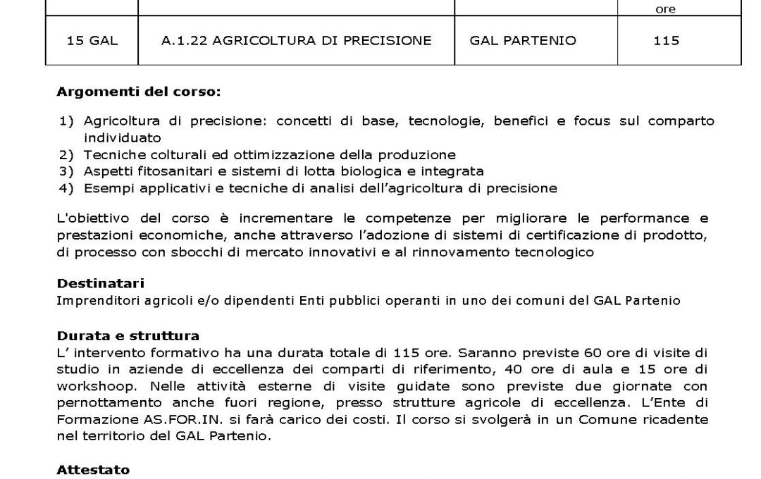 P.S.R. Campania 2014 – 2020 Misura. 01“Trasferimento di conoscenze e azioni di informazione” – Cod Corso 15 GAL – A.1.22 AGRICOLTURA DI PRECISIONE