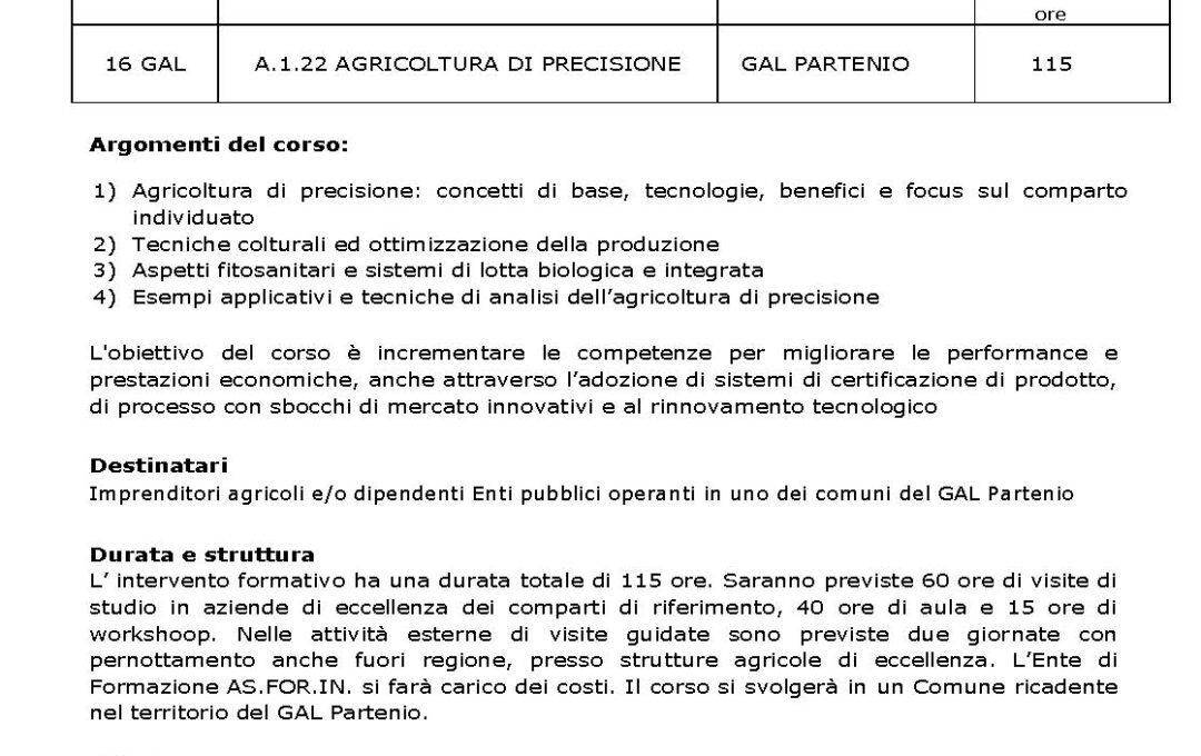 P.S.R. Campania 2014 – 2020 Misura. 01“Trasferimento di conoscenze e azioni di informazione” – Cod Corso 16 GAL – A.1.22 AGRICOLTURA DI PRECISIONE