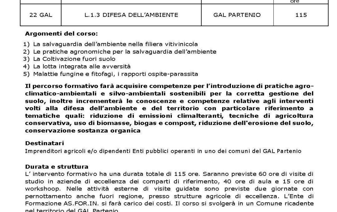P.S.R. Campania 2014 – 2020 Misura. 01“Trasferimento di conoscenze e azioni di informazione” – Cod Corso 22 GAL – L.1.3 DIFESA DELL’AMBIENTE