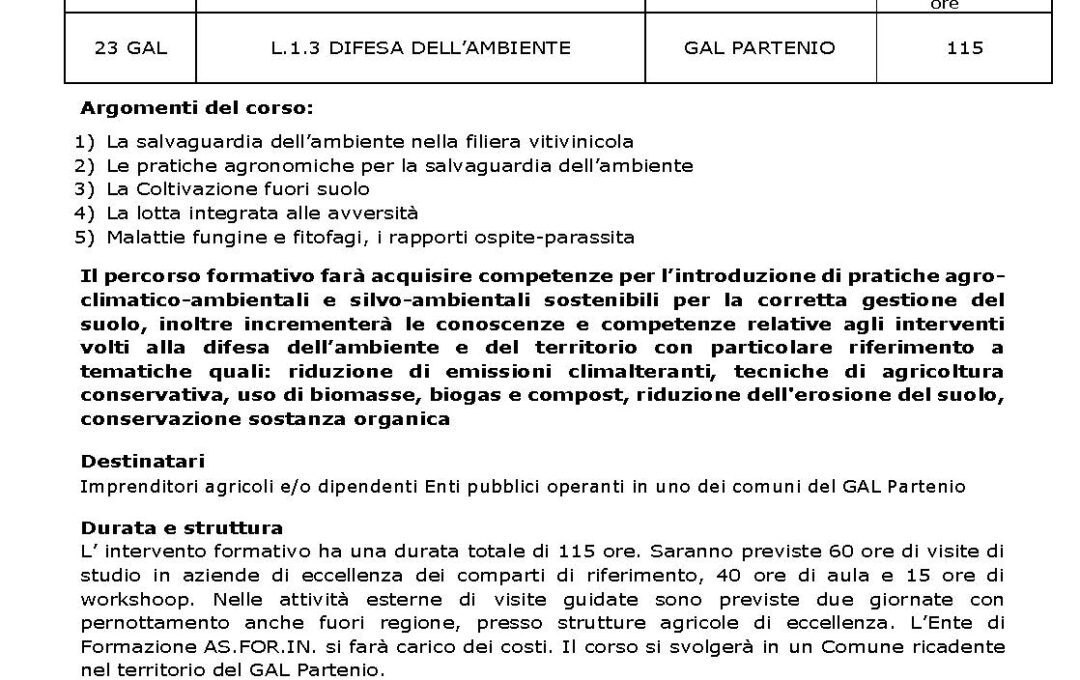 P.S.R. Campania 2014 – 2020 Misura. 01“Trasferimento di conoscenze e azioni di informazione” – Cod Corso 23 GAL – L.1.3 DIFESA DELL’AMBIENTE