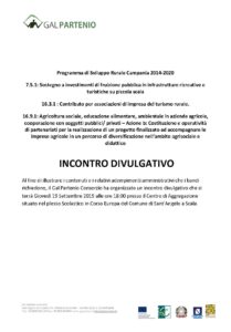 Incontro Divulgativo T.I. 7.5.1 – T.I 16.3.1 – T.I 16.9.1 Azione B – 19 Settembre 2019 ore 18:00 – Sant’Angelo a Scala
