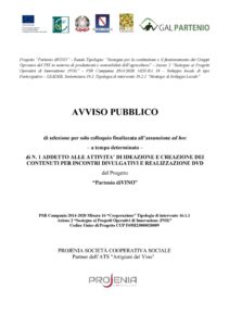 PSR CAMPANIA 2014/2020 – T.I. 16.1.1 AZ. 2 – AVVISO PUBBLICO DI SELEZIONE N.1 ADDETTO ALLE ATTIVITA’ DI IDEAZIONE E CREAZIONE DEI CONTENUTI PER INCONTRI DIVULGATIVI E REALIZZAZIONE DVD PROGETTO “Partenio diVINO”