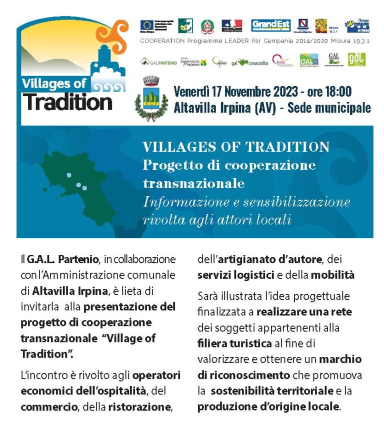 Villages of Tradition – Progetto di cooperazione transnazionale – Informazione e sensibilizzazione rivolta agli attori locali – 17 Novembre 2023 ore 18:00 – Sede Municipale Altavilla Irpina