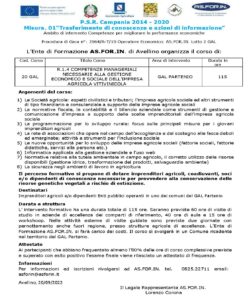 P.S.R. Campania 2014 – 2020 Misura. 01“Trasferimento di conoscenze e azioni di informazione” – Cod Corso 20 GAL – R.1.4 COMPETENZE MANAGERIALI NECESSARIE ALLA GESTIONE ECONOMICO E SOCIALE DELL’IMPRESA AGRICOLA VITIVINICOLA