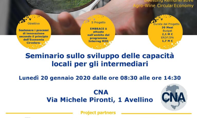 20.01.2020 – Progetto Embrace –  Seminario sullo sviluppo delle capacità locali per gli intermediari – Avellino ore 08:30
